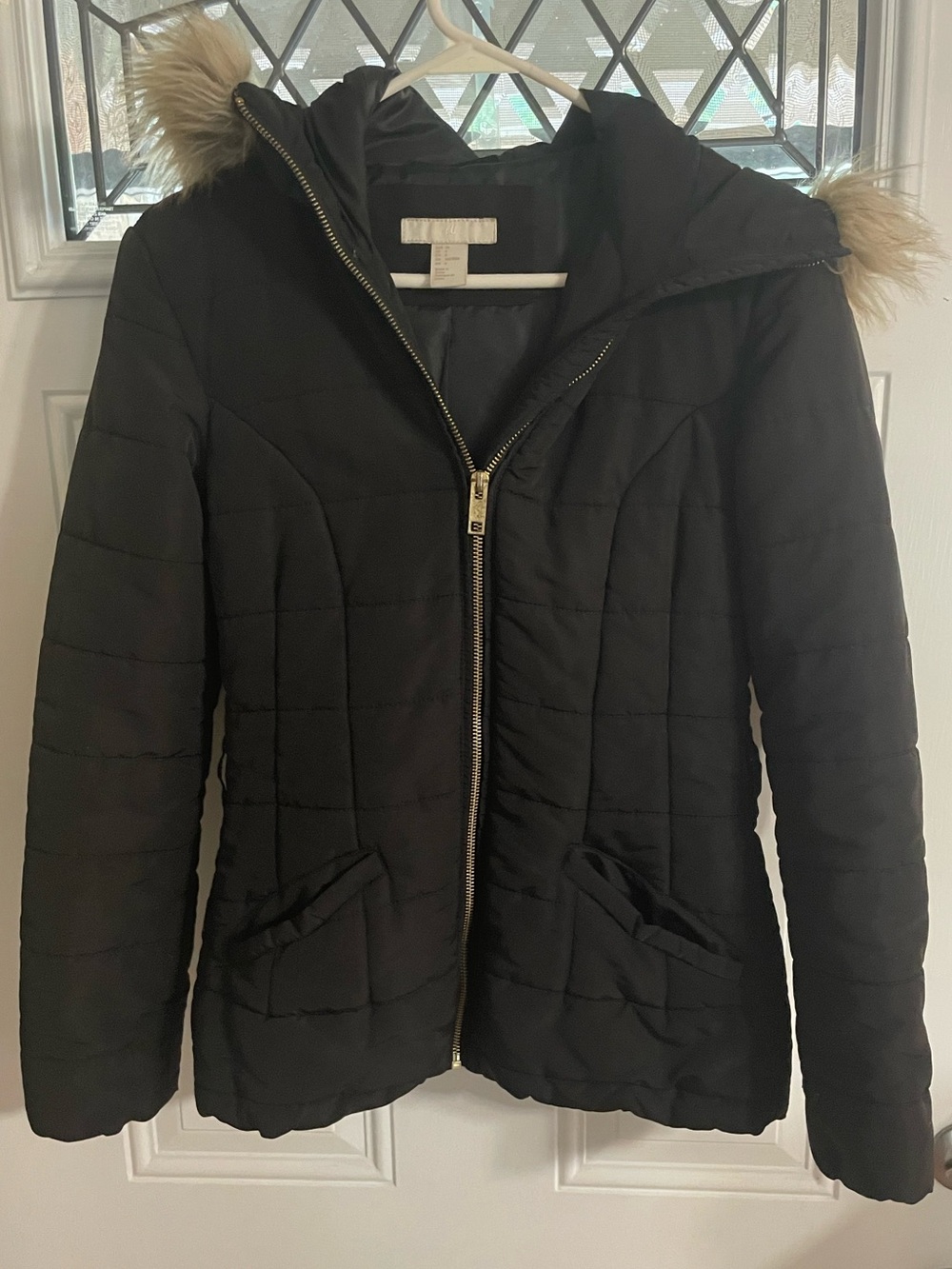 H&M Black Quilted Hooded Jacket with Faux Fur Trim